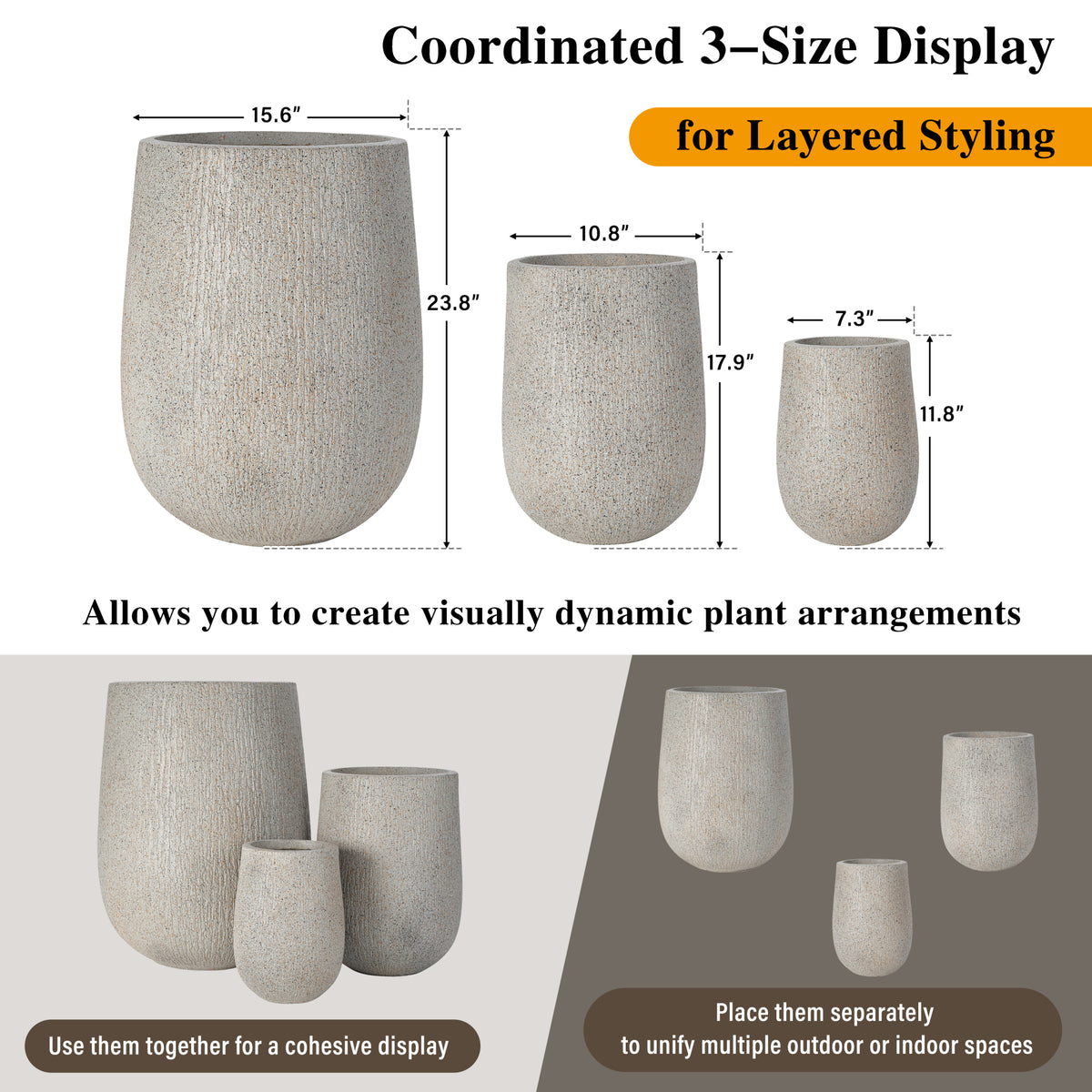 variant-group:rf-n711p406659e|Roomfitters Modern Egg-Shaped MGO Planter Set, 3-Piece Textured Faux Stone Flower Pots, Grey Patio Garden Urns