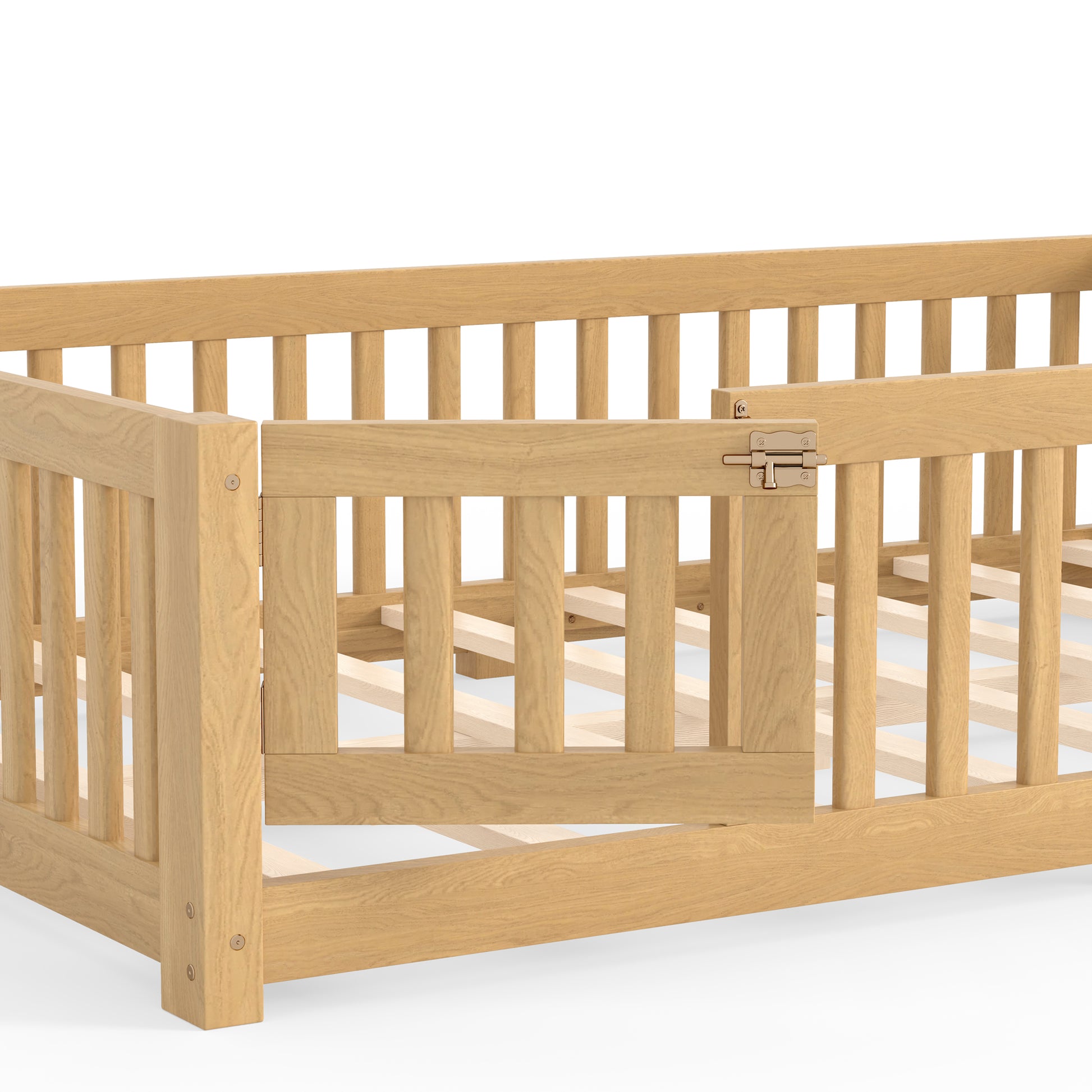 variant-group:rf-w1580p462323|Roomfitters Full Size Wooden Floor Bed Frame with Safety Guardrails Door, Solid Wood Low Profile Toddler Play Bed, Natural