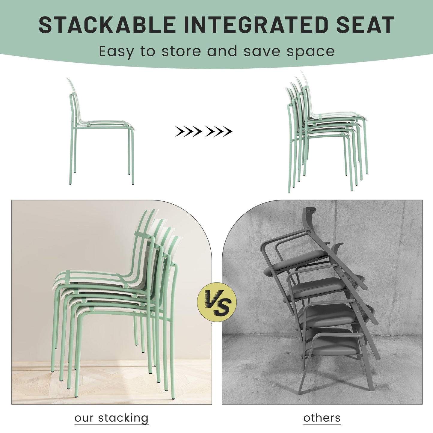 Summer- 4-Pack Modern Striped Color Block Chairs - Waterproof PP Seat & Sturdy Metal Legs, Indoor/Outdoor Dining Set for Patio, Balcony, Café (White & Green) Roomfitters
