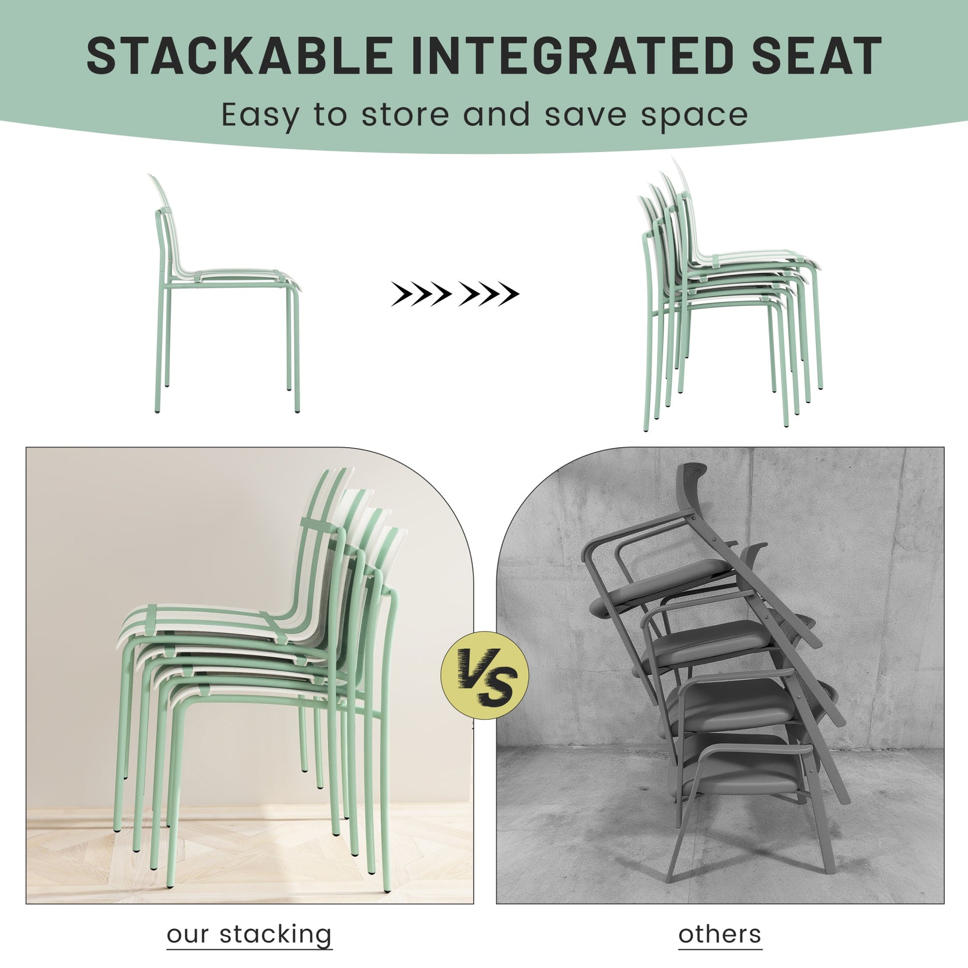 Summer- 4-Pack Modern Striped Color Block Chairs - Waterproof PP Seat & Sturdy Metal Legs, Indoor/Outdoor Dining Set for Patio, Balcony, Café (White & Green) Roomfitters