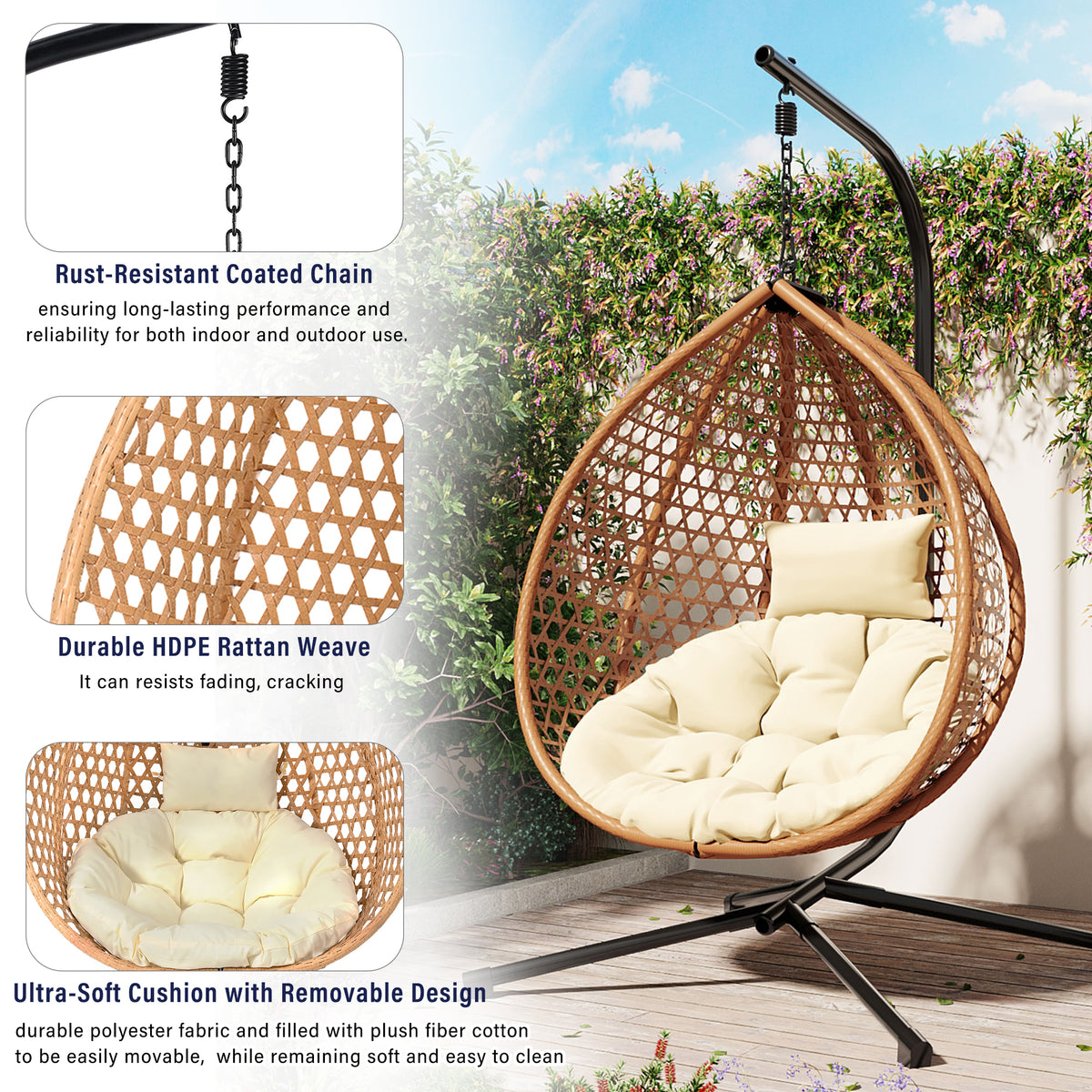 variant-group:rf-n711p255131q|Roomfitters Hanging Egg Chair with Stand, Rattan Wicker Swing Chair with Cushion for Indoor Outdoor Patio Balcony, Beige