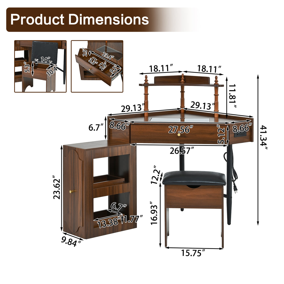 variant-group:rf-n733p336237d|Roomfitters Corner Vanity Desk Set with Stool, Charging Station, Glass Top, Drawer, Shelf, Pull-Out Cabinet, Walnut