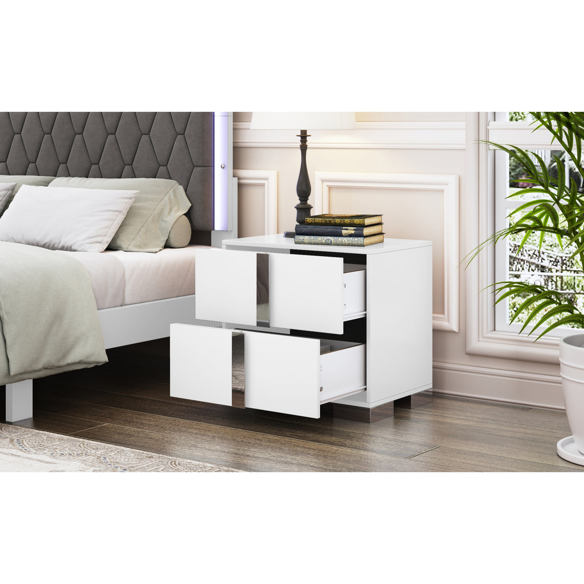 variant-group:rf-n733p307938w|Roomfitters Elegant Mirrored Nightstand with 2 Drawers and Metal Handle, Bedside Table for Bedroom or Living Room, White