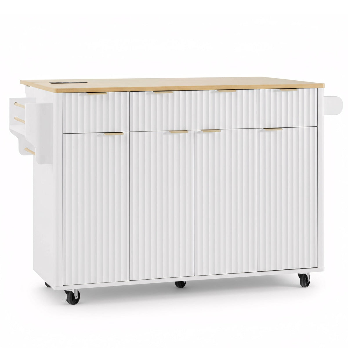 Roomfitters 55.5" Kitchen Island with Power Outlet and Drop Leaf, Rolling Storage Cabinet with Fluted Door Design, White