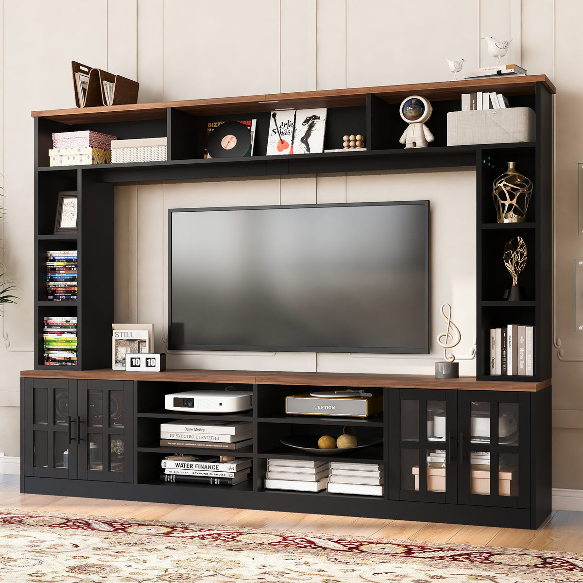 variant-group:rf-n724sj000127aab|Roomfitters Wall Unit Entertainment Center for up to 80 Inch TV, Media Console with Cabinets and Bookshelves, Black