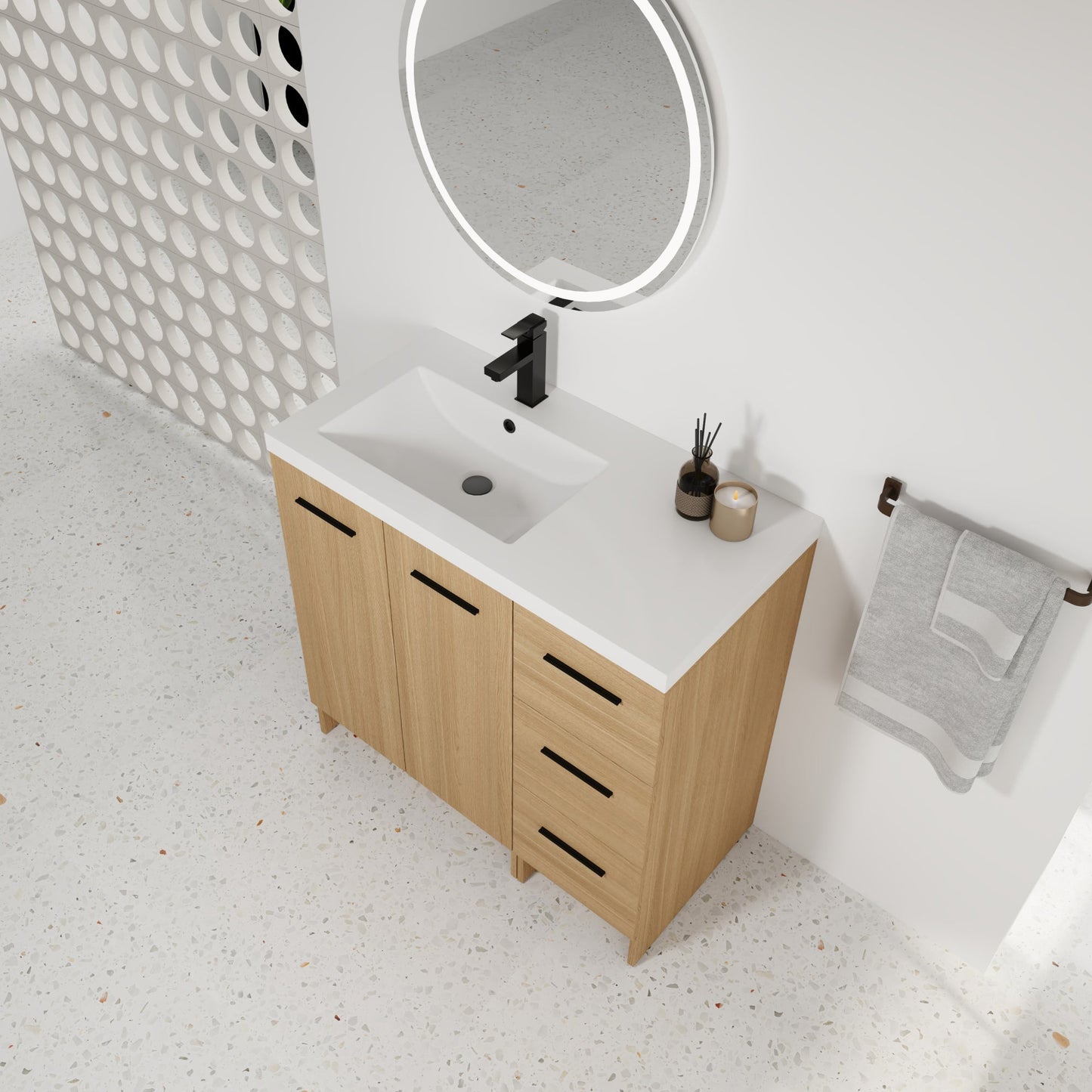 36" Modular Freestanding Bathroom Vanity with 36" Resin Sink Top, Light Oak, 2-Piece Cabinet (24" 2-Door + 12" 3-Drawer), KD Cabinet, Includes Black & Brushed Aluminum Handles Roomfitters