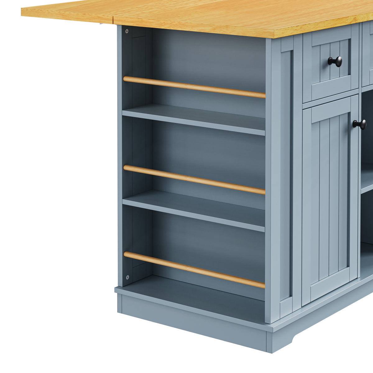 variant-group:rf-n707s003007g|Roomfitters 53" Kitchen Island with 2 Bar Stools, Drop Leaf, Power Outlet, Rolling Kitchen Cart Set with Storage, Grey-Blue
