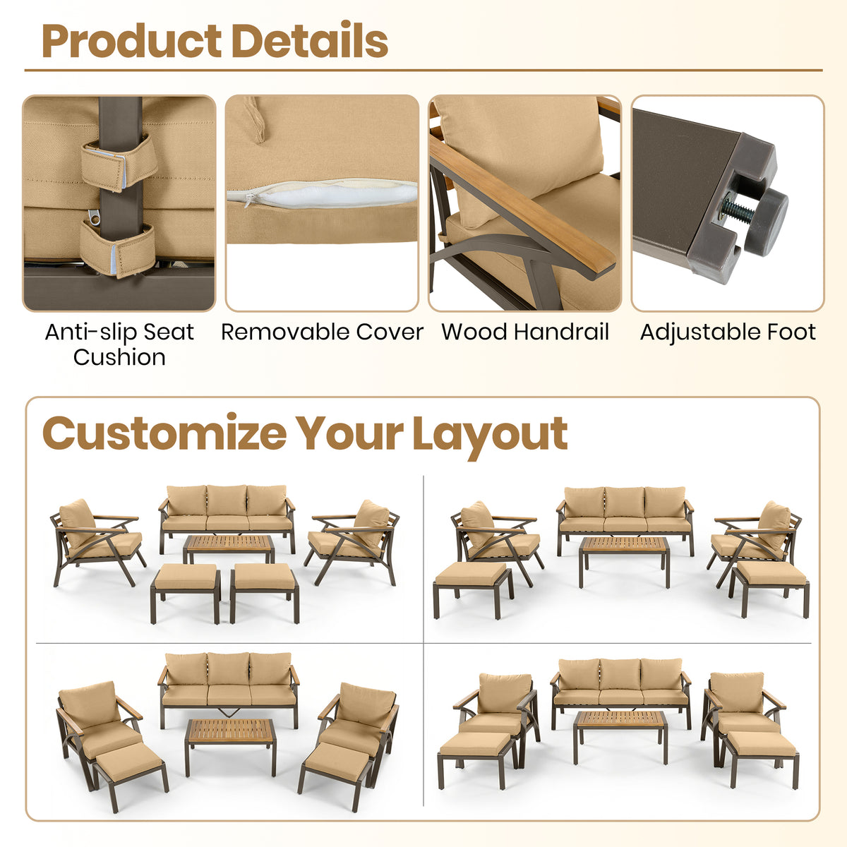 variant-group:rf-n704g201256d|Roomfitters 6-Piece Steel Conversation Set with 3-Seat Sofa Multi-Functional Ottomans and Acacia Wood Table Brown