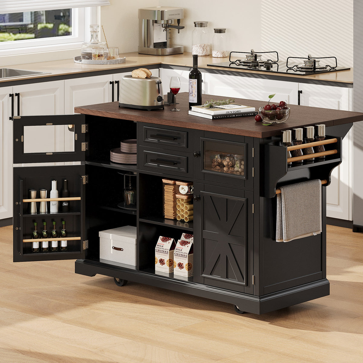 variant-group:rf-n707s300277b|Roomfitters 54.9" Kitchen Island with Drop Leaf, Rolling Kitchen Cart with Barn Door and Glass Door, Storage Cabinet, Black