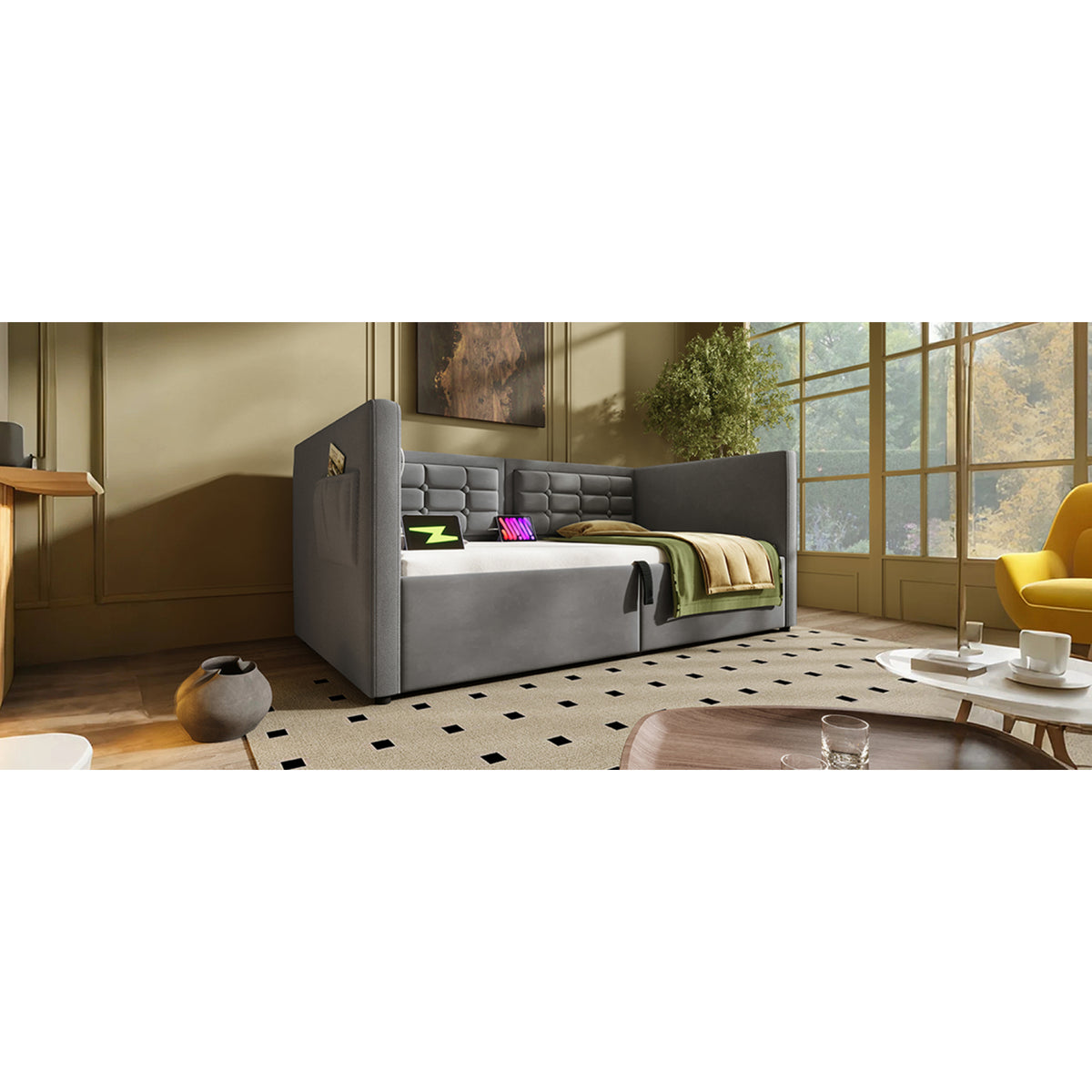 variant-group:rf-n736p303402g|Roomfitters Upholstered Twin Size Daybed with Storage, USB & Type-C Charging, Tufted Sofa Back, Velvet Gray