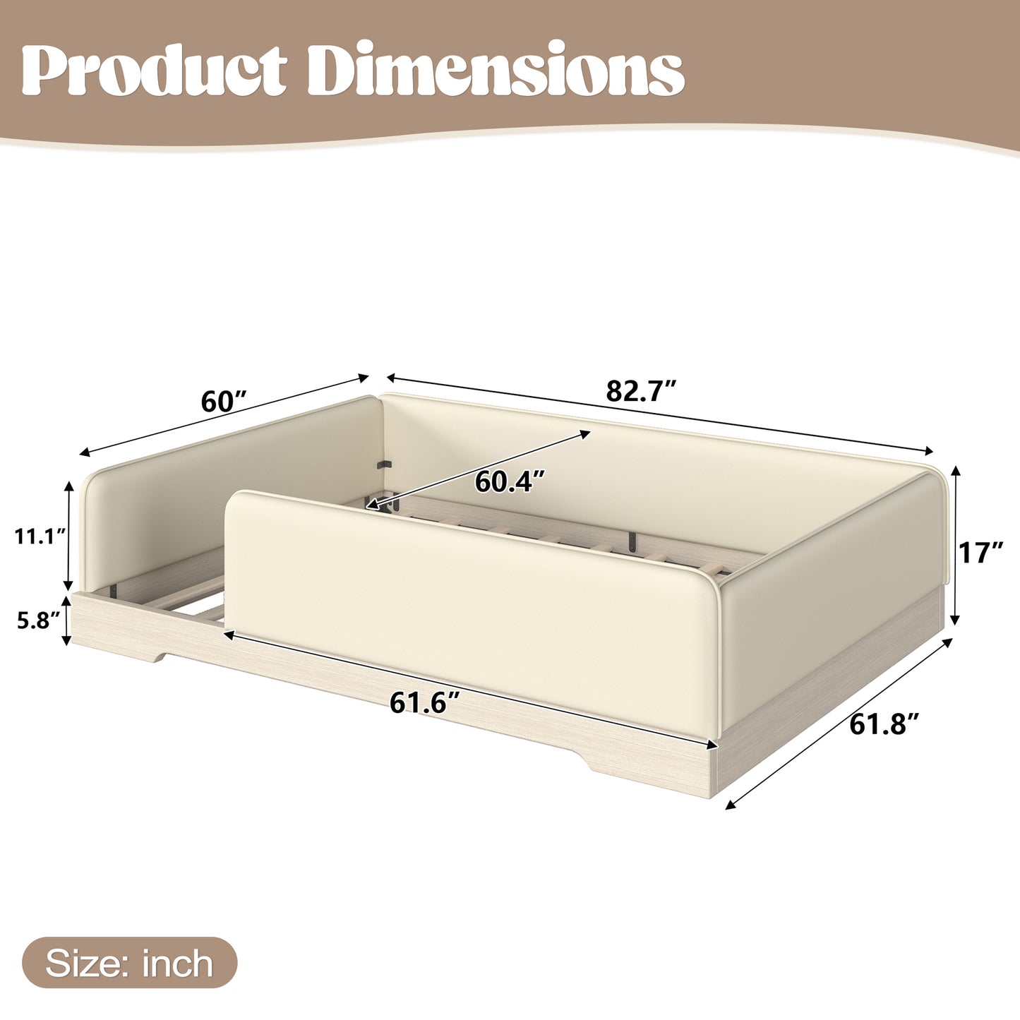 variant-group:rf-w1580s00673|Roomfitters Queen Size Upholstered Floor Bed Frame with Removable Guardrails, Faux Leather Low Profile Platform, Beige