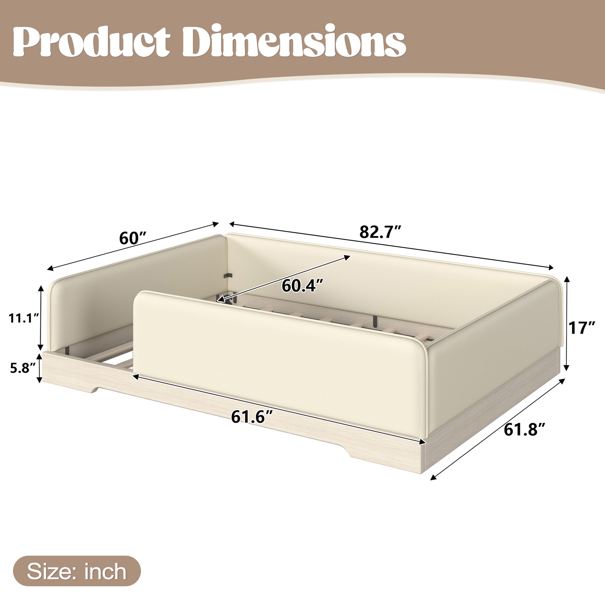 variant-group:rf-w1580s00673|Roomfitters Queen Size Upholstered Floor Bed Frame with Removable Guardrails, Faux Leather Low Profile Platform, Beige