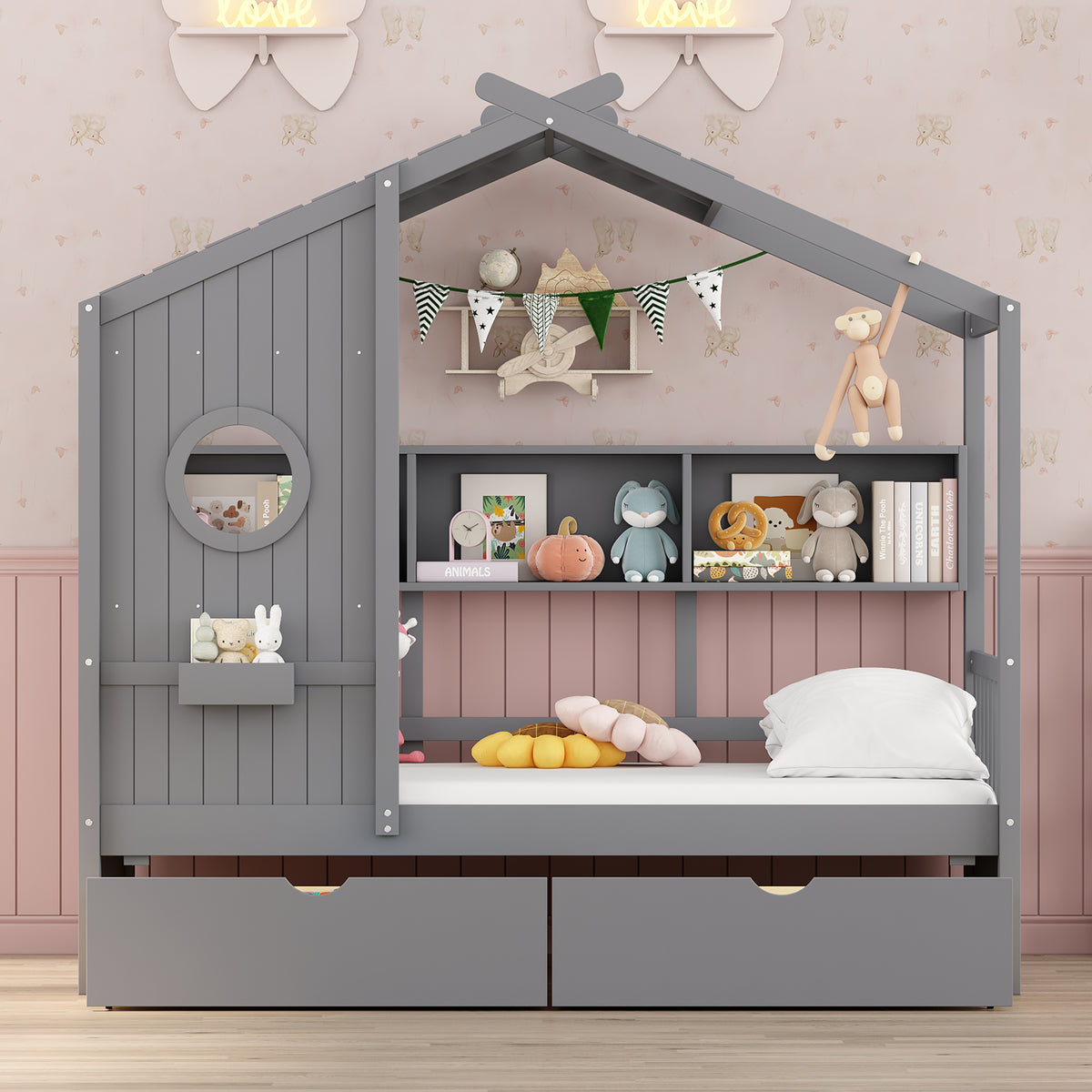 variant-group:rf-n733s308483e|Roomfitters Wooden Twin Size House Bed with 2 Drawers and Storage Shelf, Gray