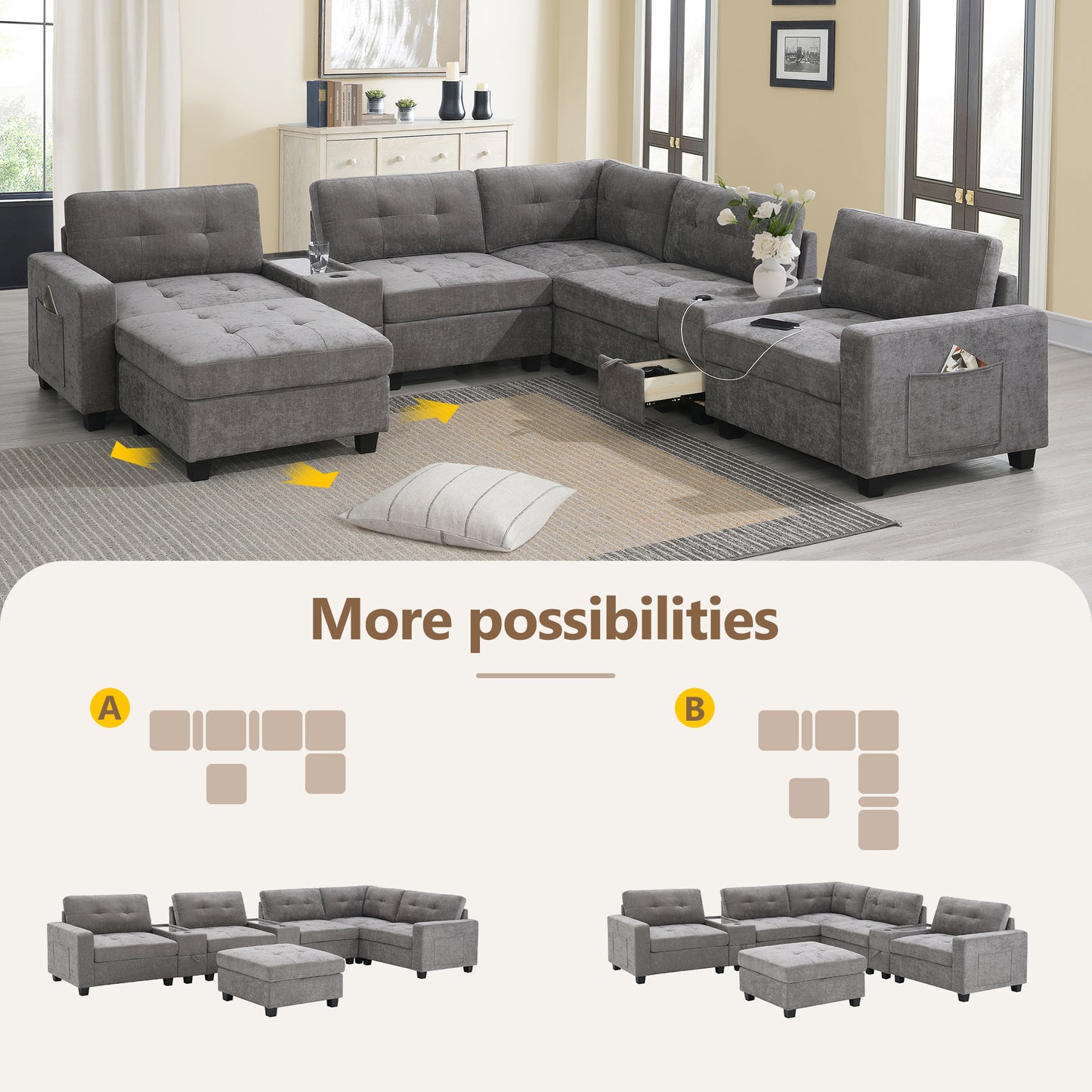 variant-group:rf-n723s1191e|Roomfitters 104 Inch Modular Sectional Sofa with Console and Cup Holders, Upholstered L-Shape Couch for Home Decor, Gray