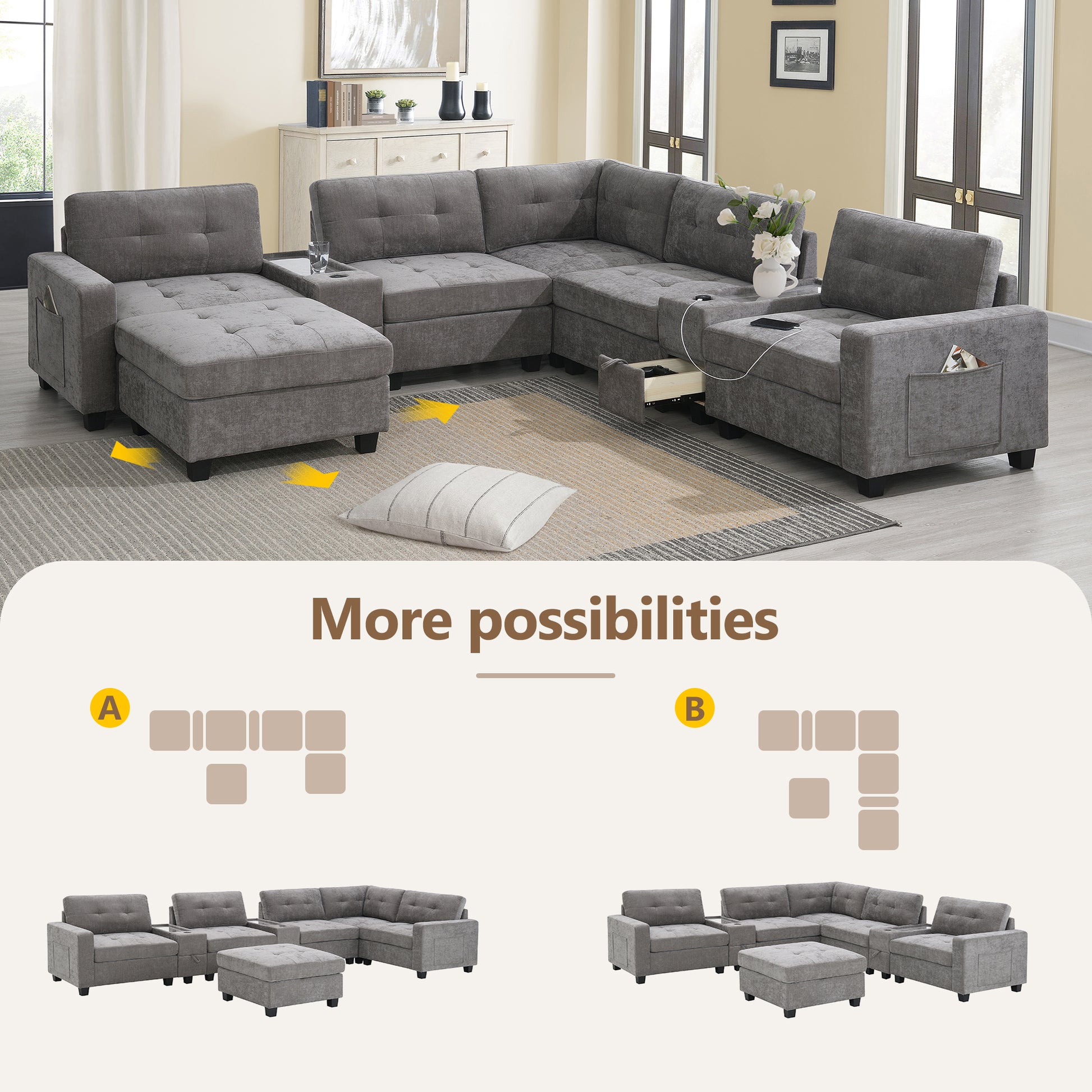 variant-group:rf-n723s1191e|Roomfitters 104 Inch Modular Sectional Sofa with Console and Cup Holders, Upholstered L-Shape Couch for Home Decor, Gray