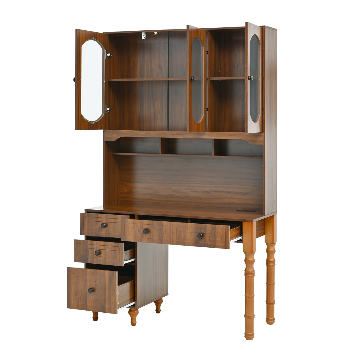 Roomfitters 47'' Retro Desk with Charging Ports and Hutch, Office Desk with 5 Storage Drawers and Glass Bookshelf, Walnut