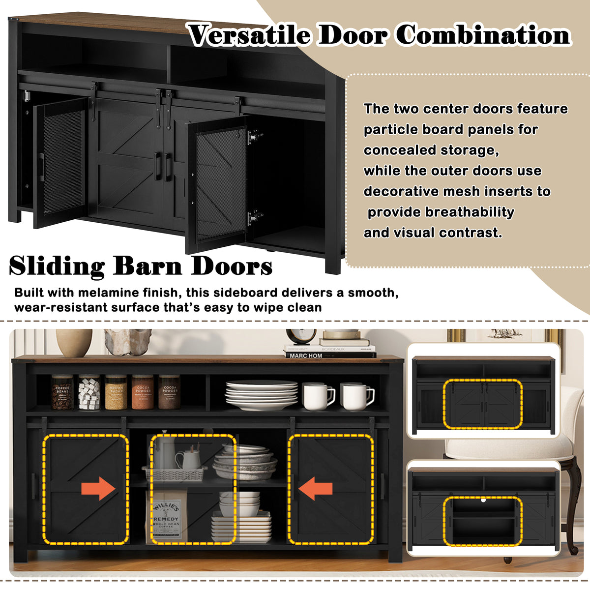 variant-group:rf-n711p347388b|Roomfitters 59.3" Sideboard Buffet Cabinet with Sliding Barn Doors, Modern Farmhouse Storage for Kitchen & Dining, Black