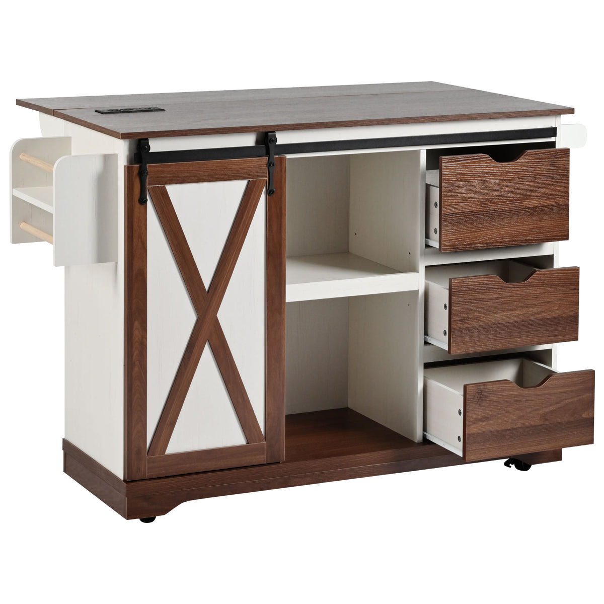 variant-group:rf-n707p288229w|Roomfitters 55.5" Rolling Kitchen Island with Drop Leaf, Mobile Kitchen Storage Cart with Sliding Barn Door, Power Outlets, White