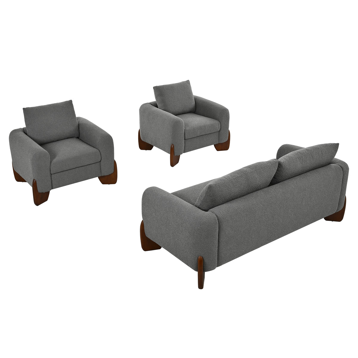 variant-group:rf-n711wy000479aae|Roomfitters Modern 3-Piece Living Room Sofa Set, Bouclé Fabric Loveseat and 2 Armchairs Pack, Grey Pinewood Lounge