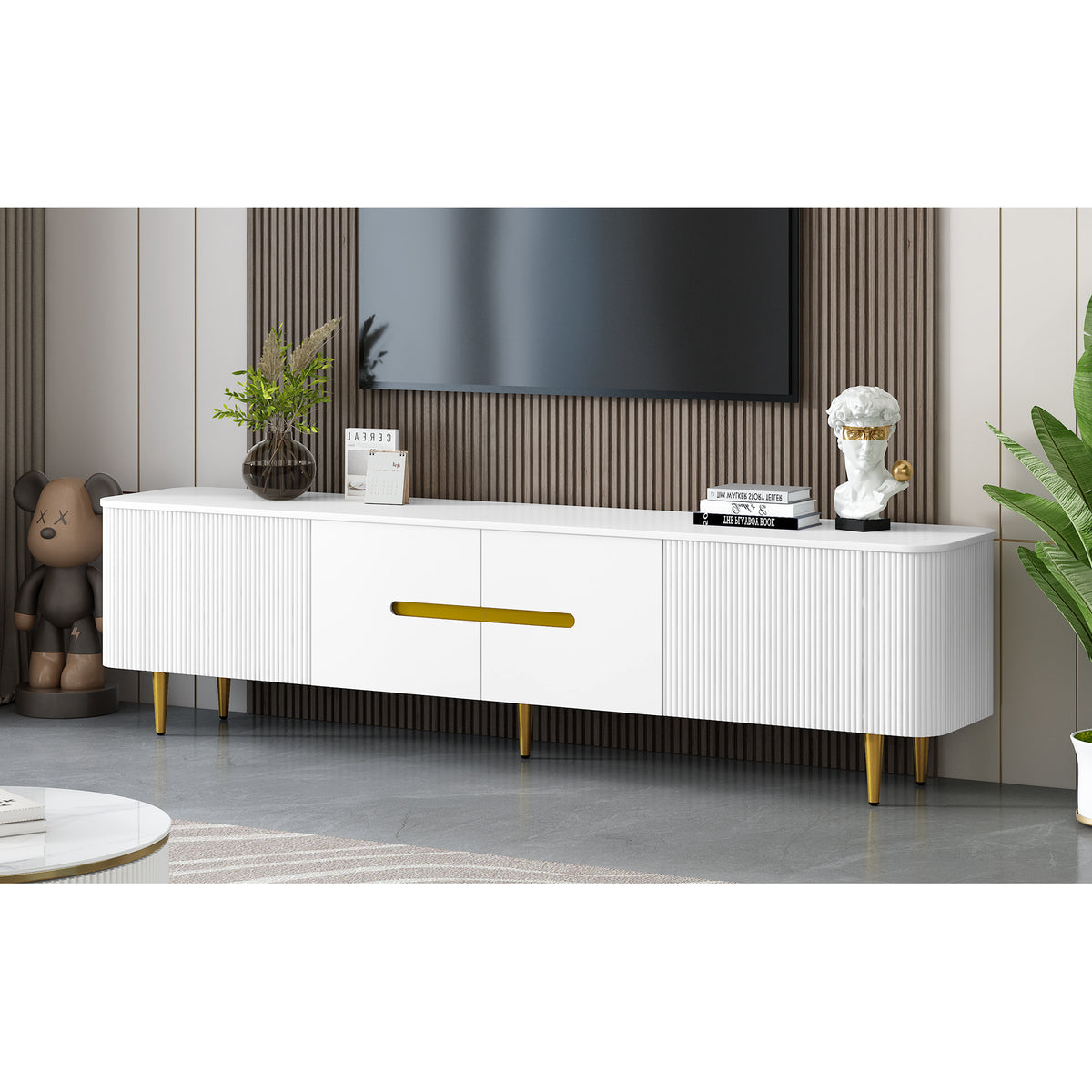 variant-group:rf-n724sj000143aak|Roomfitters Minimalist TV Stand for up to 85 Inch TV, Entertainment Center with Four Spacious Cabinets, White