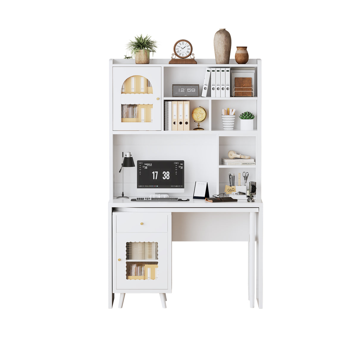 variant-group:rf-n733s363716k|Roomfitters Rotating L-Shaped Computer Desk with Shelves and Storage, 90° Swivel Office Writing Desk, White