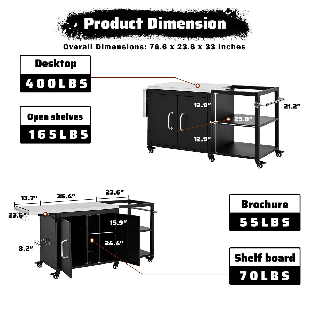 Roomfitters 76.6" Grill Cart with Stainless Steel Top and Kamado Nest, Folding Drop Leaf Prep Station, Mobile Cabinet, Black