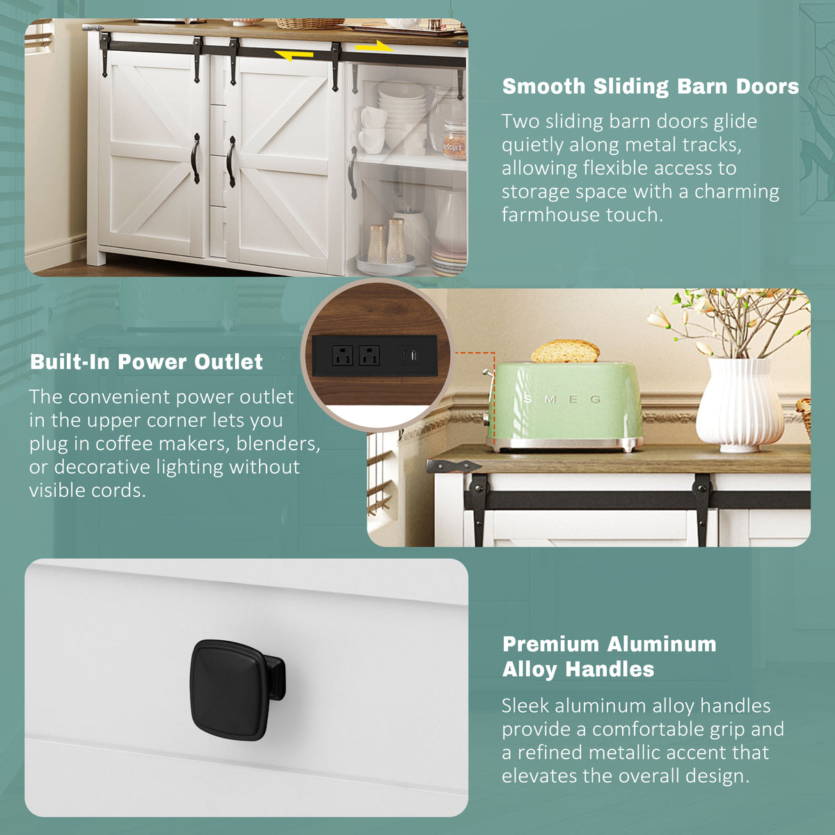 variant-group:rf-n711p347377k|Roomfitters 55.1" Storage Cabinet with 4 Drawers and Sliding Barn Doors, Farmhouse Sideboard Buffet for Kitchen & Dining, White
