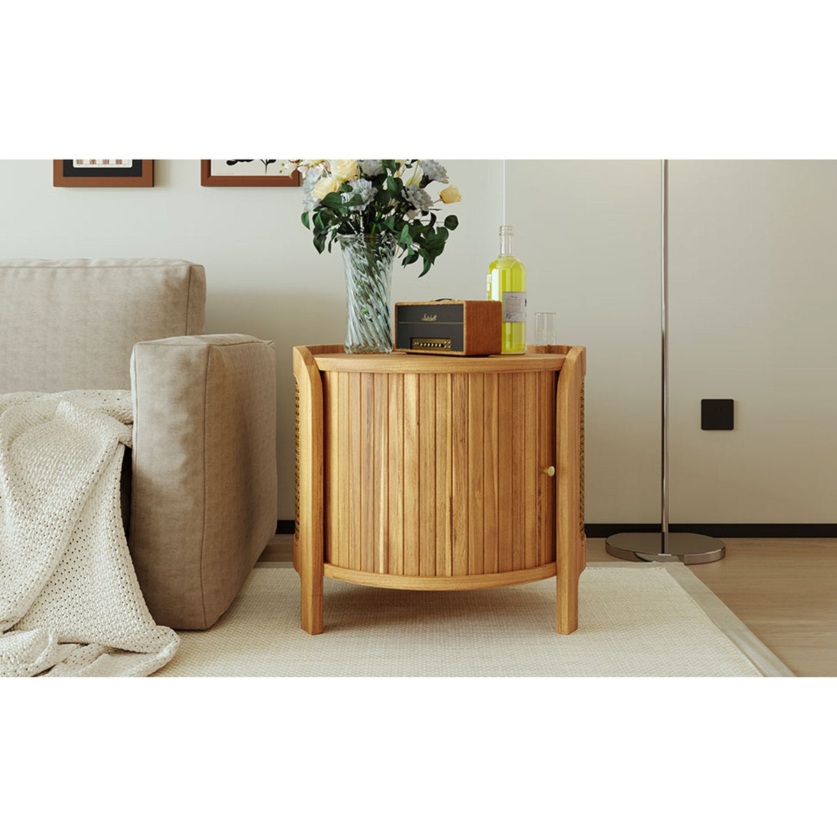 Roomfitters Modern Round Rotating Coffee Table with Woven PE Rattan Details, Antique Brown Roomfitters