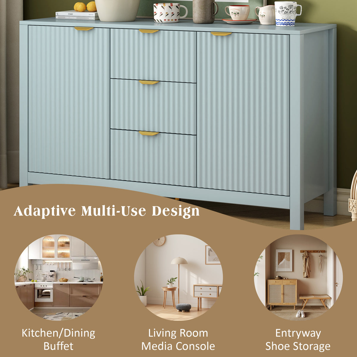 variant-group:rf-n711p269066c|Roomfitters Sideboard Buffet Cabinet with 3 Drawers, Mid-century Modern Fluted Accent Storage for Kitchen & Dining, Cyan
