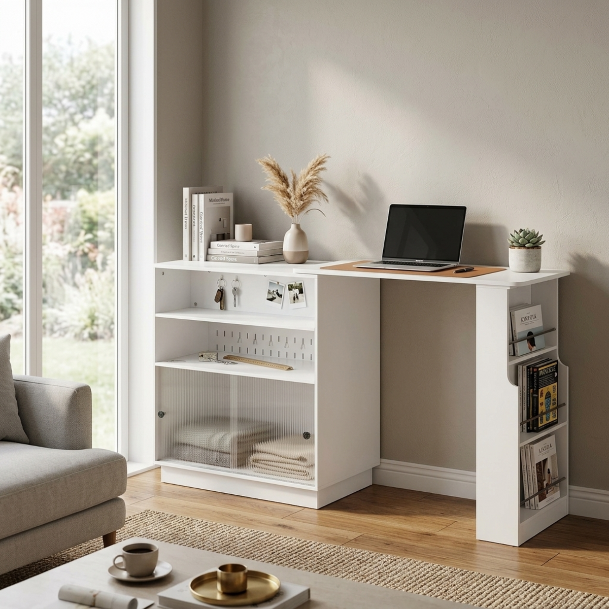 variant-group:rf-n711p437809k|Roomfitters White MDF Counter Height Kitchen Island Sideboard Cabinet, Extendable Table, Acrylic Sliding Doors