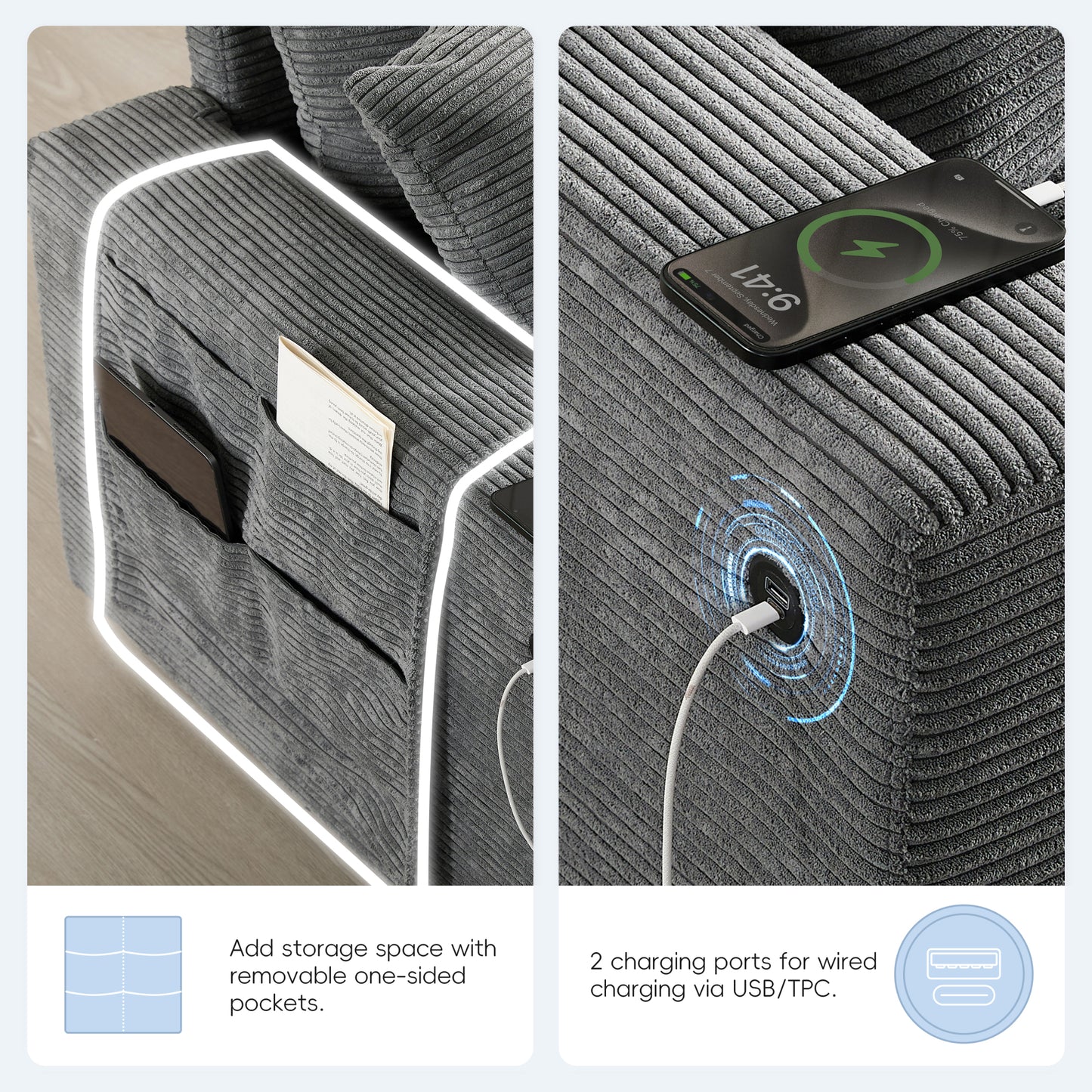 variant-group:rf-n723s1166e|Roomfitters 139 Inch U-Shaped Modular Sectional Sofa with Storage Console, Cup Holders and USB Ports for Living Room, Gray