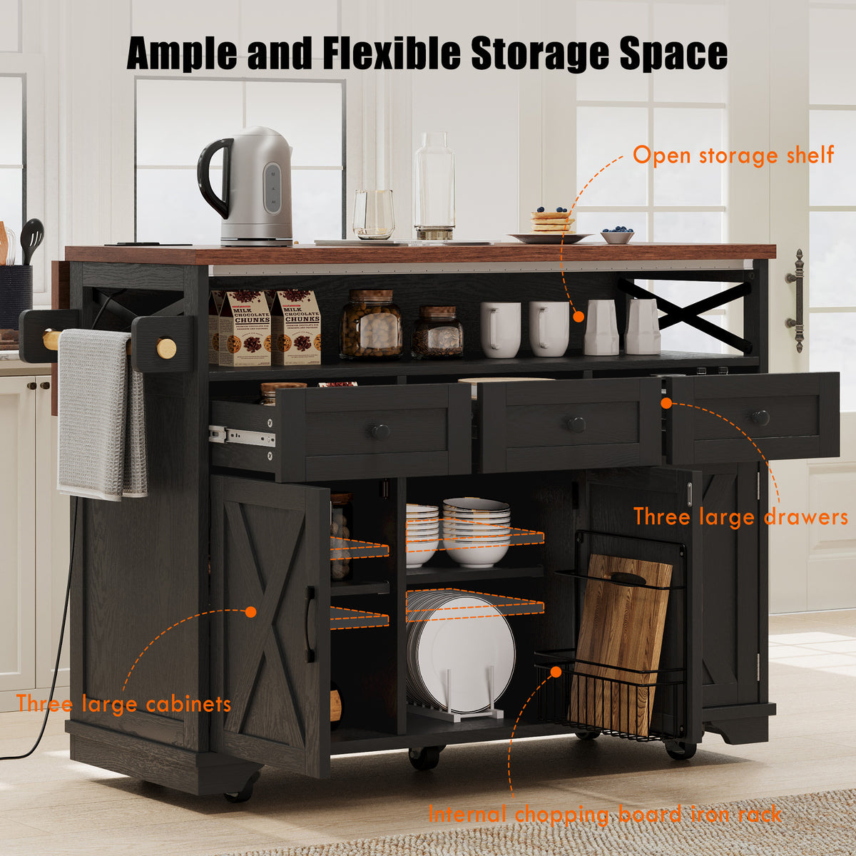variant-group:rf-n707p254872b|Roomfitters 46.5" Rolling Kitchen Island with Drop Leaf, Mobile Cart with 2 AC Outlets & USB, Beaded Drape & 3 Drawers, Black