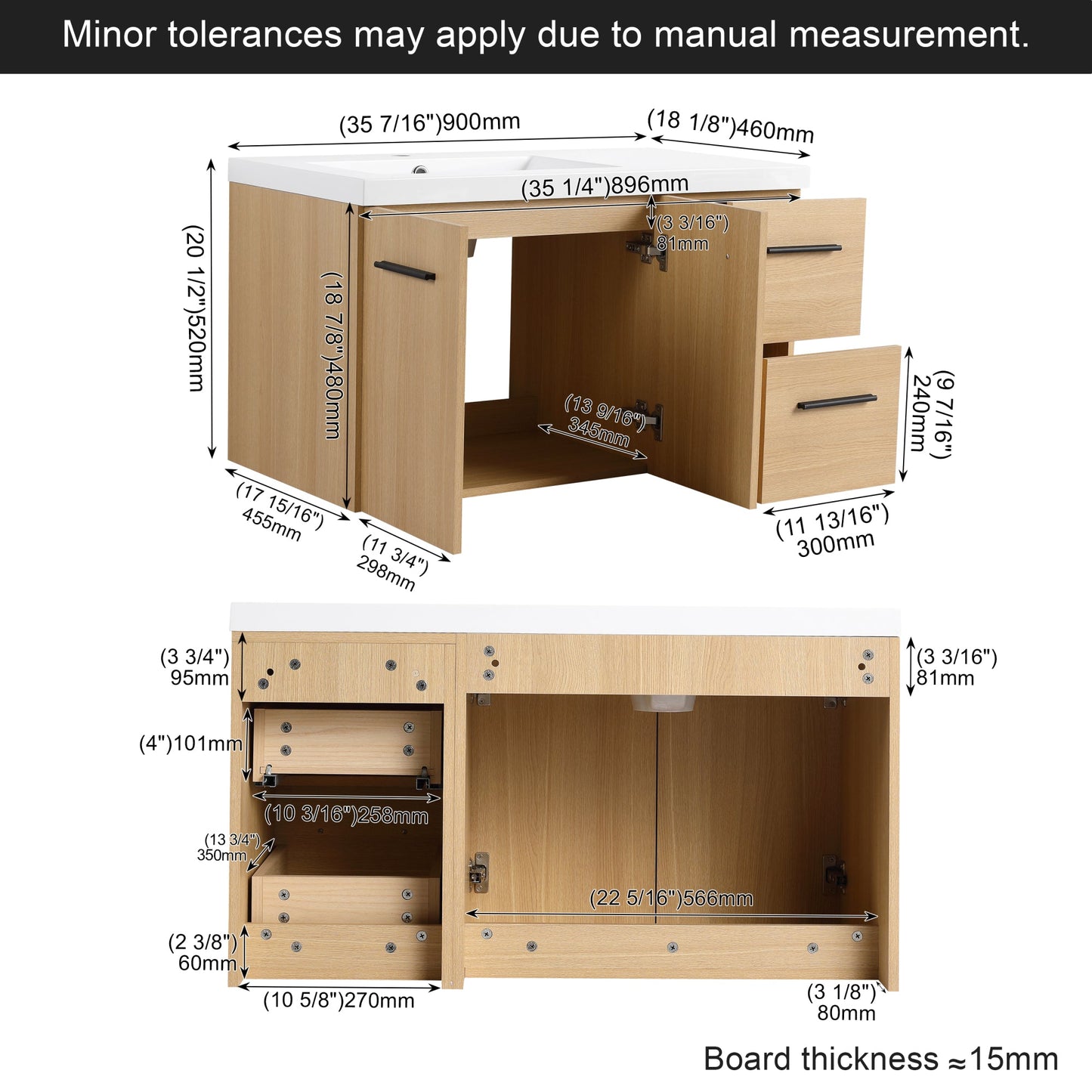 36" Wall-Mounted Floating Bathroom Vanity with Sink, Light Oak, 2-Door & 2-Drawer Modular Cabinet, Gel Coat Sink Top, 3 Boxes Roomfitters