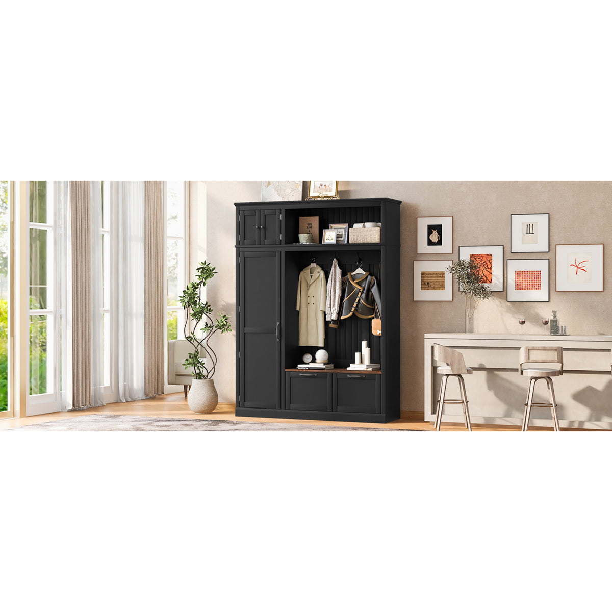 variant-group:rf-n724sj000160aab|Roomfitters 3-in-1 Entryway Hall Tree with Overhead Storage Cabinet, 2 Drawers, Black