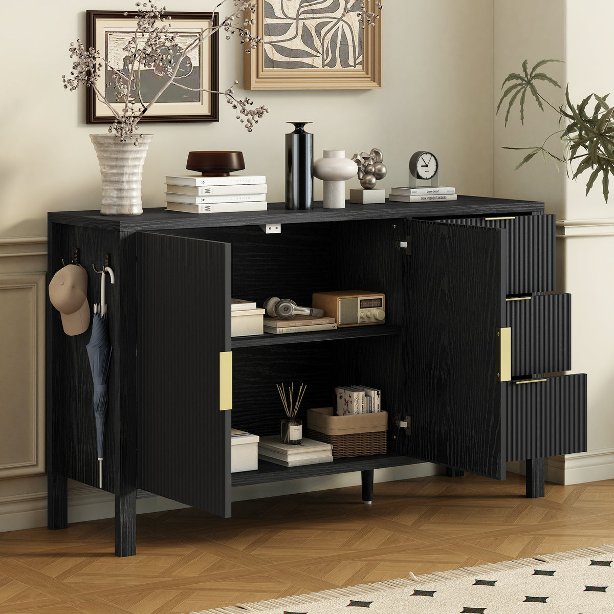 variant-group:rf-n711p345172b|Roomfitters Sideboard Buffet Cabinet with 3 Drawers, 2 Door Mid-century Fluted Accent Storage for Kitchen & Dining, Black