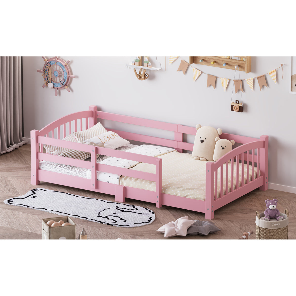 variant-group:rf-n733p400298h|Roomfitters Twin Montessori Floor Bed with Guardrails, Solid Wood Low Platform Bed with Slats, Easy Assembly, Pink