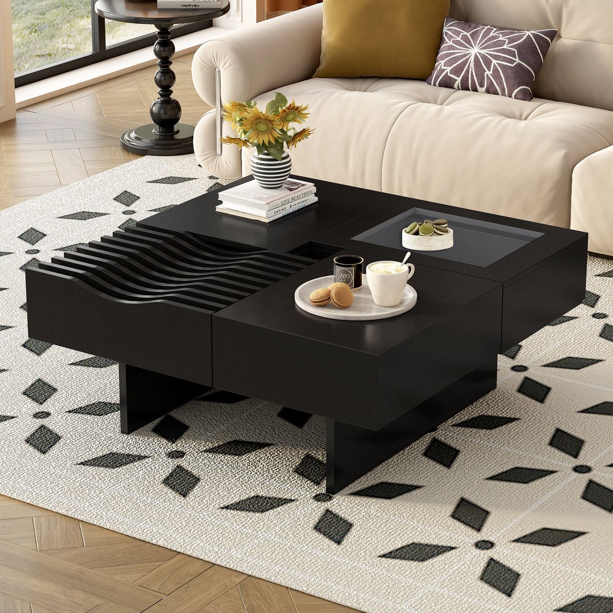 variant-group:rf-n724p270432b|Roomfitters Square Mid-Century Coffee Table with Glass Top and 3 Storage Compartments, Solid Wood Legs, Black