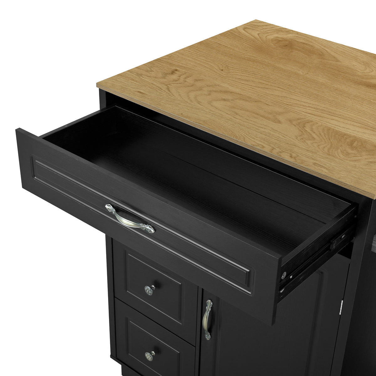 variant-group:rf-n711wy000493aab|Roomfitters Black and Natural Wood MDF Extendable Bar Cabinet, Rolling Kitchen Island Table, Wine Rack Storage