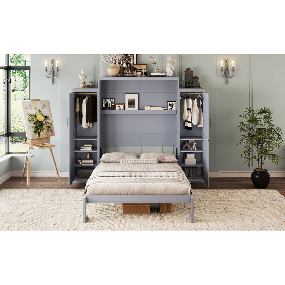 variant-group:rf-n733s235627e|Roomfitters Queen Murphy Wall Bed with Two Wardrobes and Storage Shelf, Foldable Platform Bed Frame for Guest Room, Gray