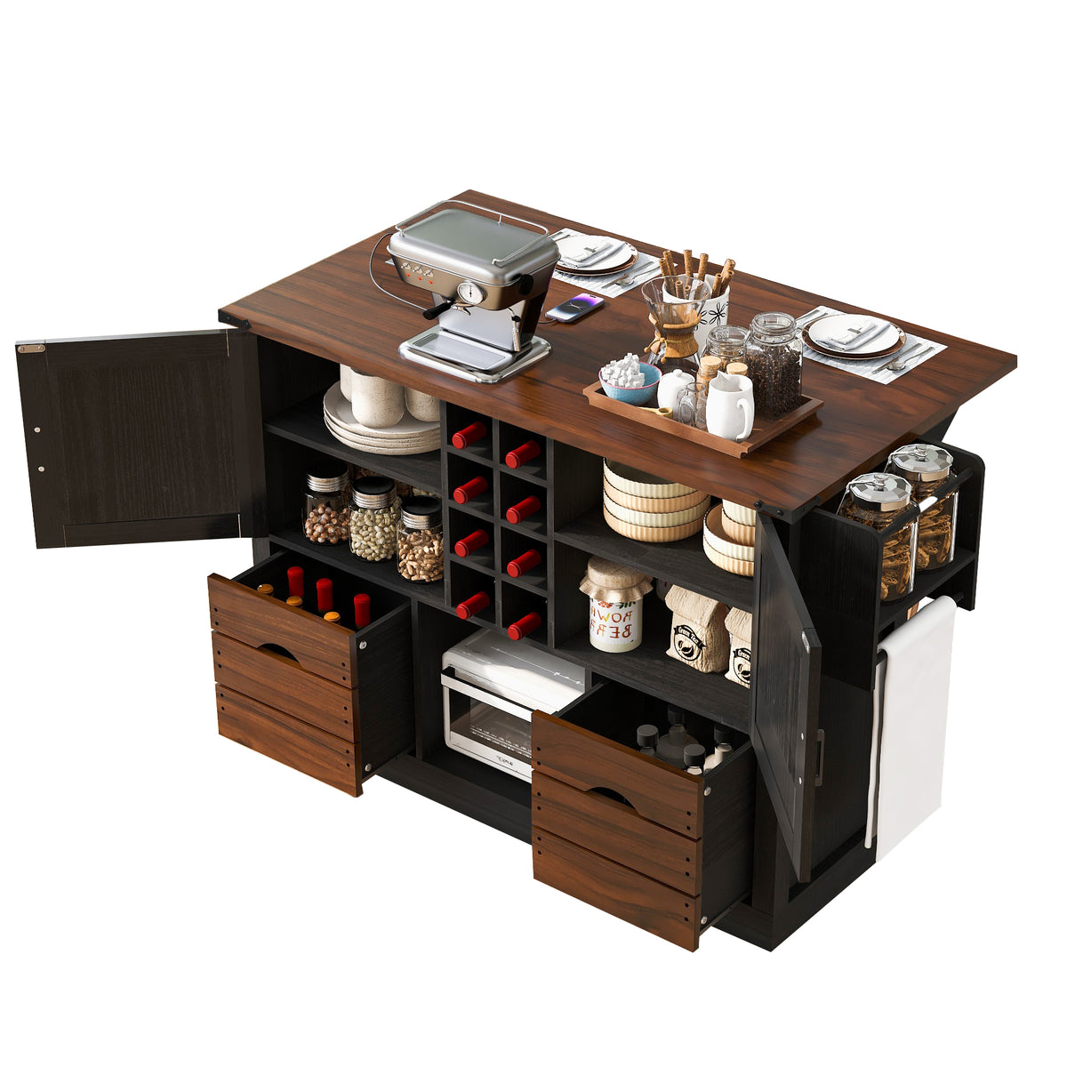 variant-group:rf-n707p349814b|Roomfitters 54" Farmhouse Kitchen Island with Drop Leaf, Power Outlet, Wine Rack, 2 Drawers, 2 Doors, Black