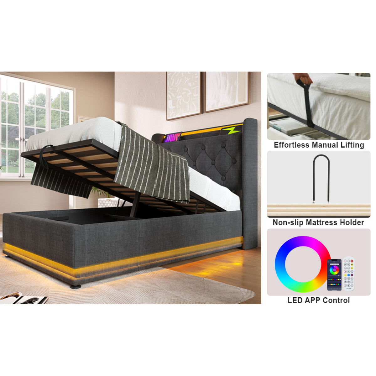 variant-group:rf-n736p188805g|Roomfitters Twin Size Upholstered Storage Bed with USB Type-C Charging and Remote Control, Linen Gray