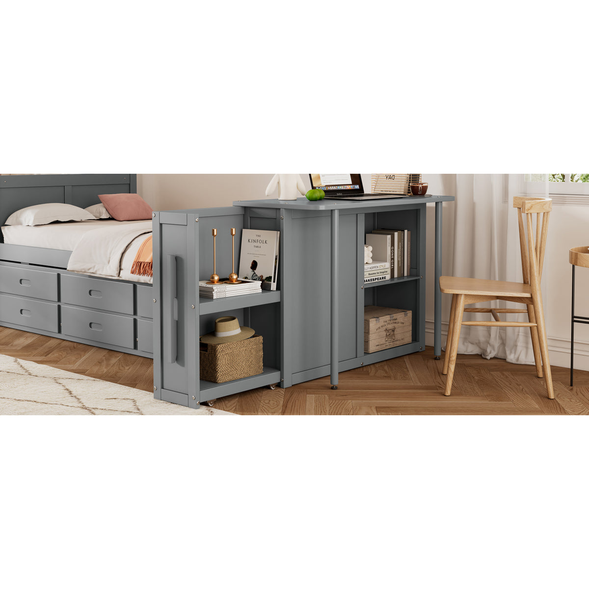 variant-group:rf-n733s212832e|Roomfitters Twin Size Multifunctional Wood Platform Bed with Desk and Storage Shelf, Built-in Trundle and Storage, Grey