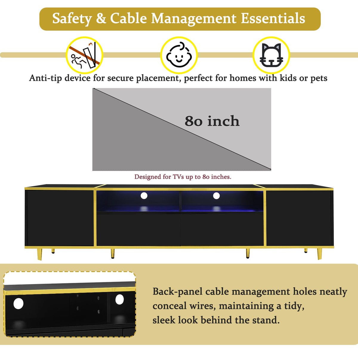 Roomfitters Modern TV Stand for up to 80 Inch TV, Entertainment Console with LED Shelves, Drawers and Cabinets, Black Roomfitters