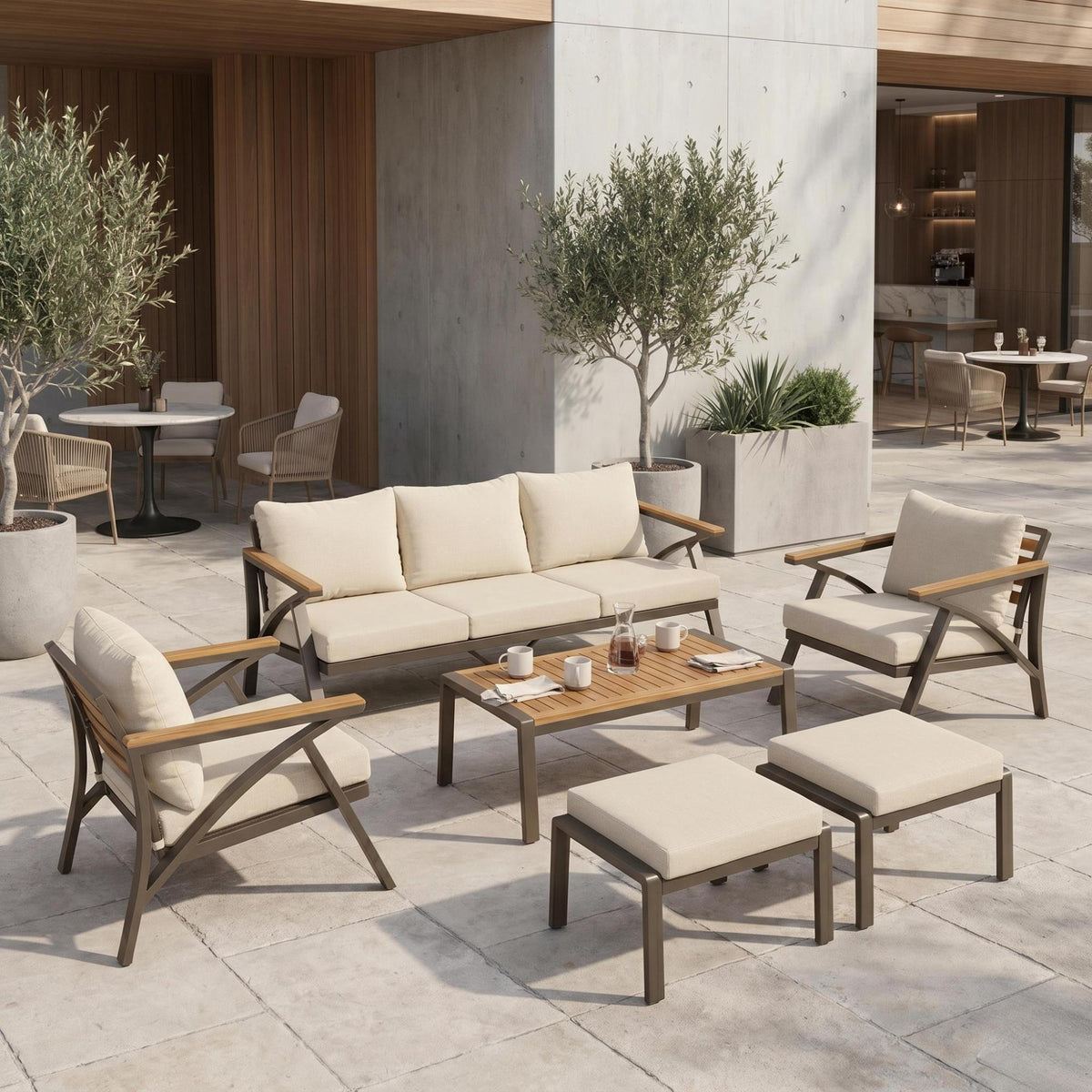 variant-group:rf-n704g201256a|Roomfitters 6-Piece Steel Conversation Set with 3-Seat Sofa Multi-Functional Ottomans and Acacia Wood Table Beige
