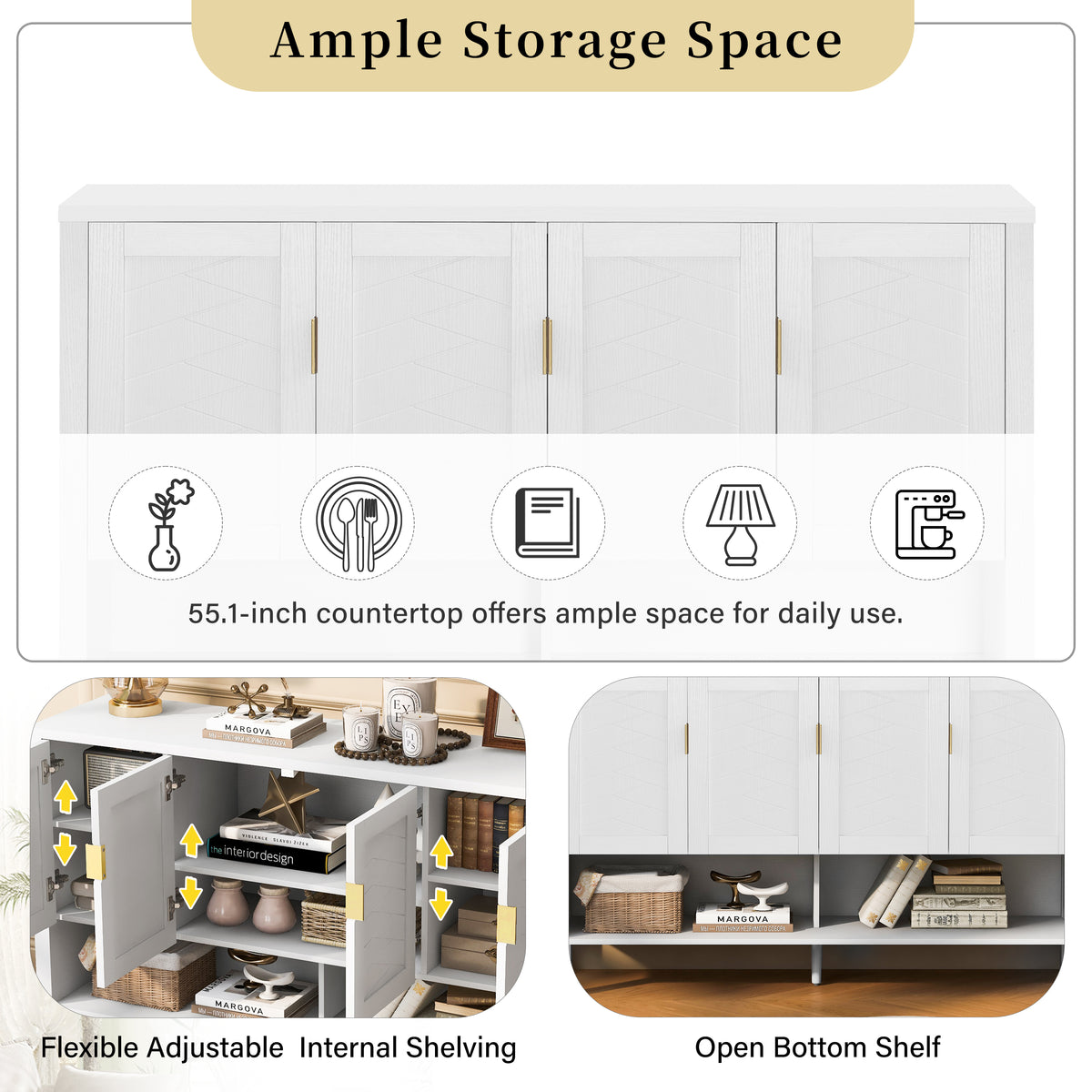 variant-group:rf-n711p345165k|Roomfitters Sideboard Buffet Cabinet with 4 Door Mid-century Modern Geometric Storage and Open Shelf for Kitchen & Dining, White