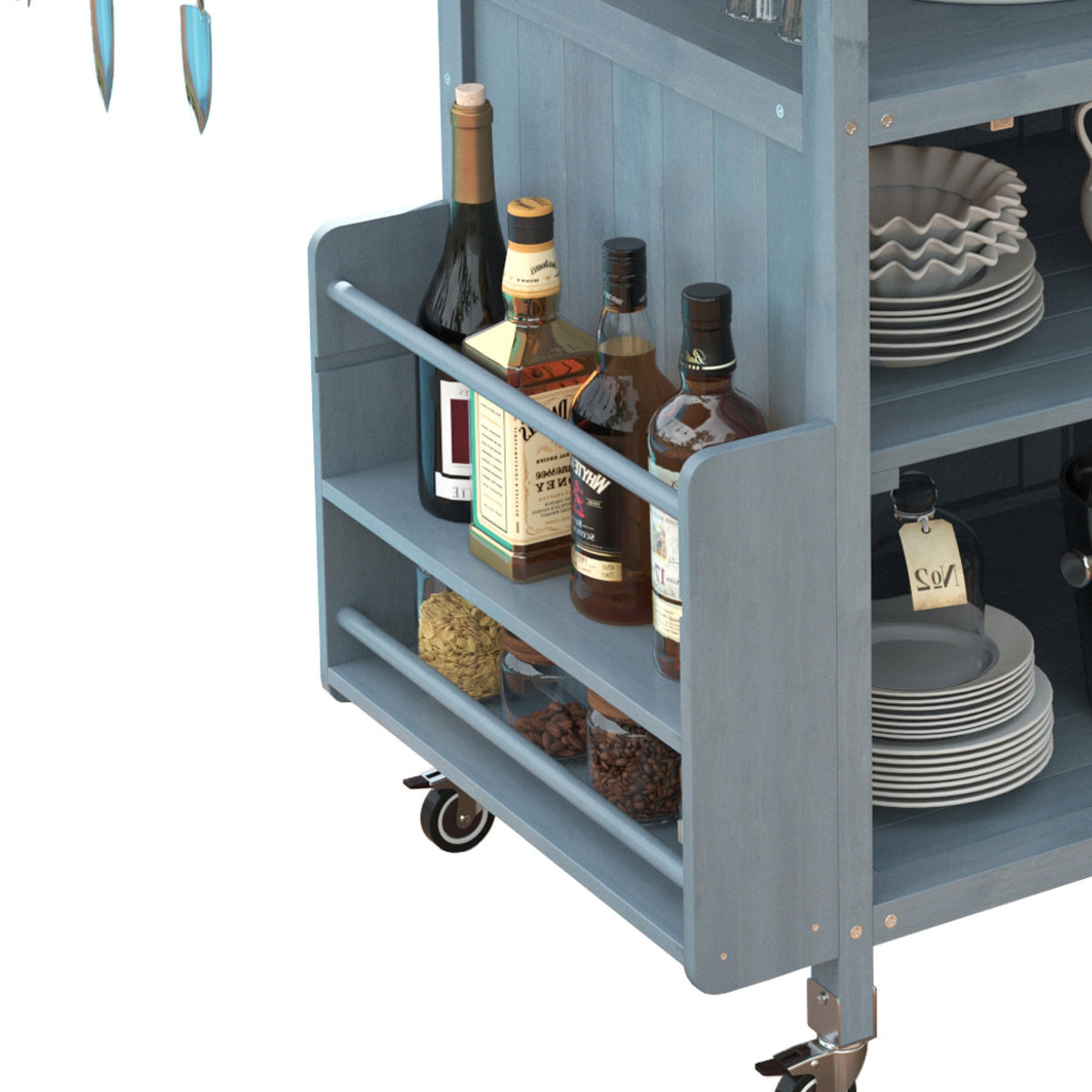 variant-group:rf-n707p228272g|Roomfitters 40.5" Outdoor Grill Cart with Stainless Steel Top, Wood Storage Cabinet, Drop Leaf, Rolling Cart, Blue Grey