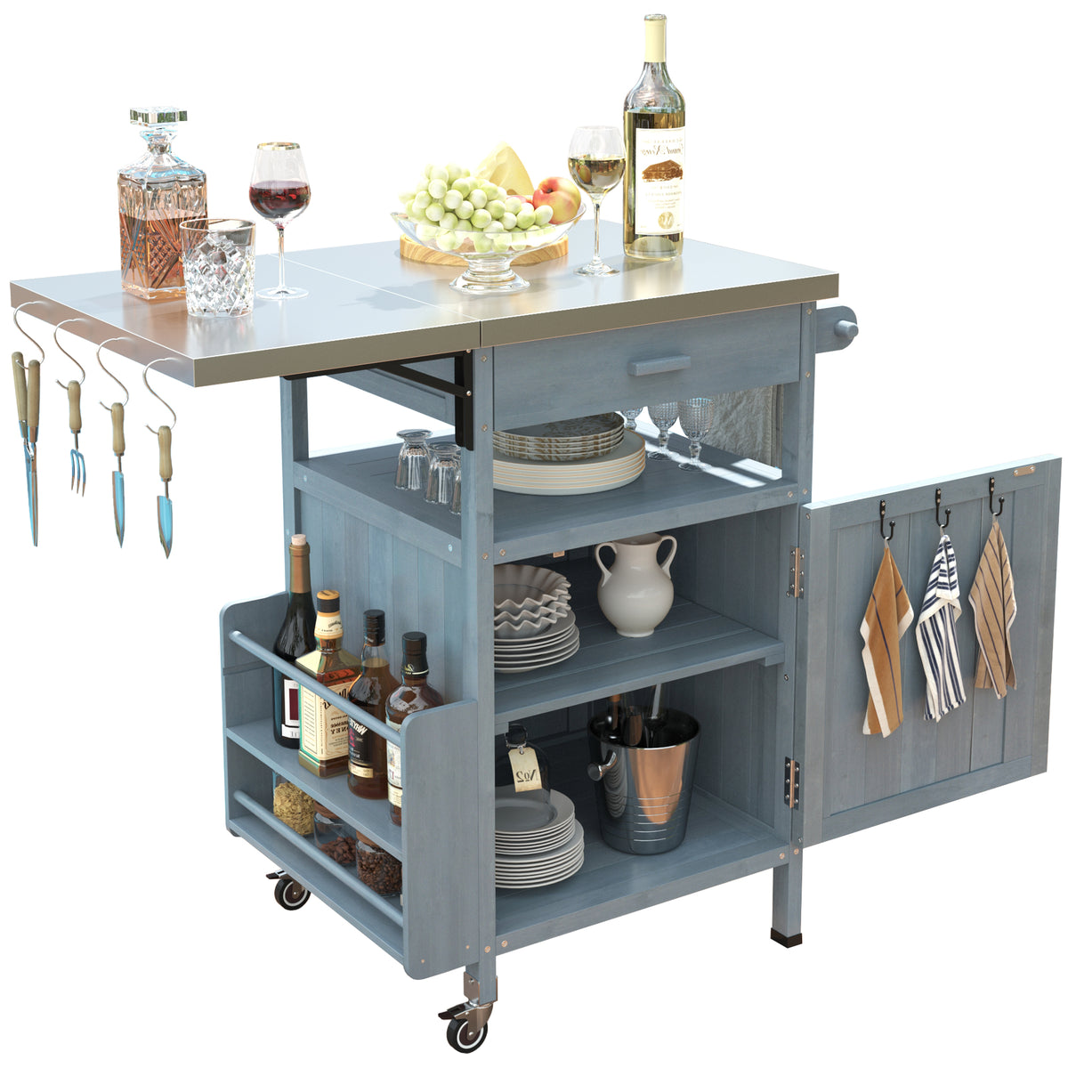 variant-group:rf-n707p228272g|Roomfitters 40.5" Outdoor Grill Cart with Stainless Steel Top, Wood Storage Cabinet, Drop Leaf, Rolling Cart, Blue Grey