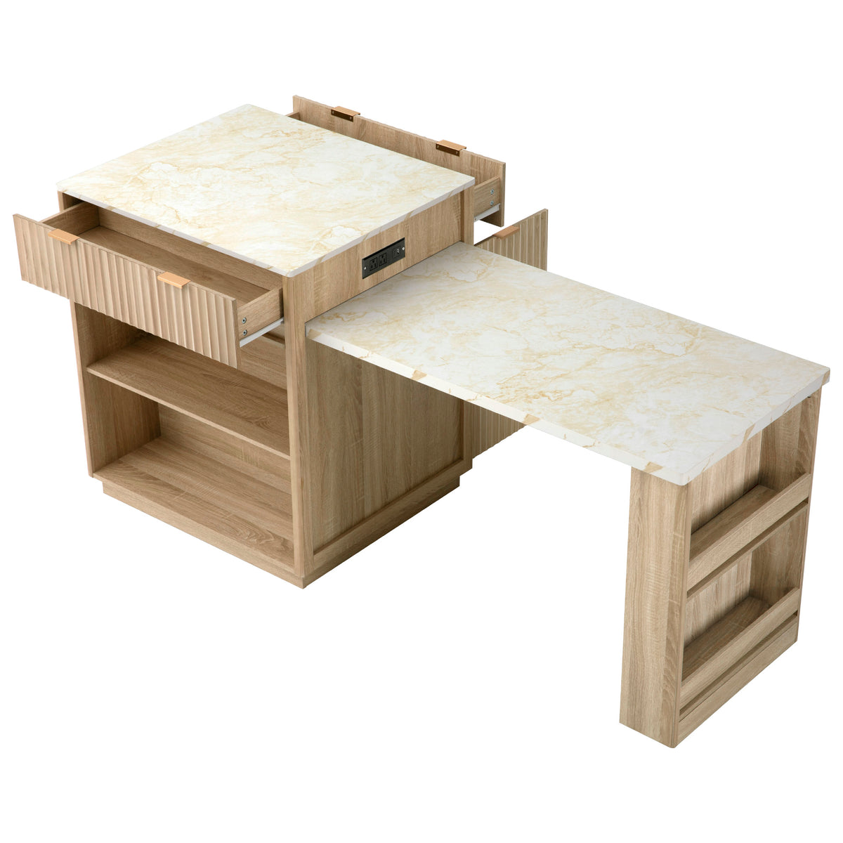 variant-group:rf-n707s000018y|Roomfitters 82.6" Fluted Kitchen Island with 51" Extendable Dining Table for 4-6, Power Outlet, Natural