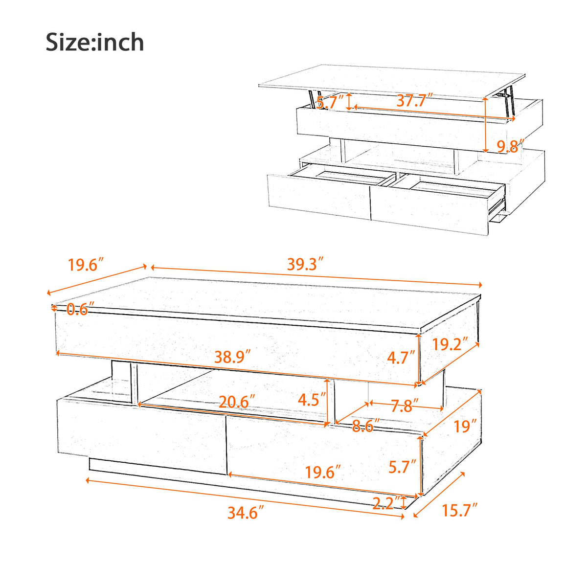 variant-group:rf-n724p290058k|Roomfitters Lift-Top Coffee Table with Hidden Storage and 2 Drawers, Multi-Functional Modern Table, White