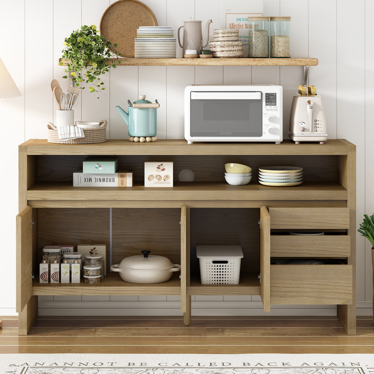variant-group:rf-n711p289141o|Roomfitters 60" Modern Solid Wood Veneer Sideboard with 3 Doors & 3 Drawers, Open Shelf & Cable Cutout, Large Storage Cabinet for Dining, Hallway, Living Room, Natural
